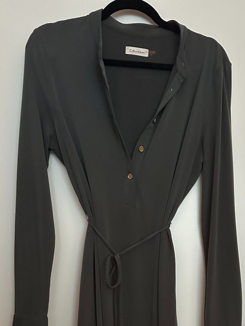 Calvin Klein Black Belted Long Sleeve Shirt Dress Gold Cuff Buttons